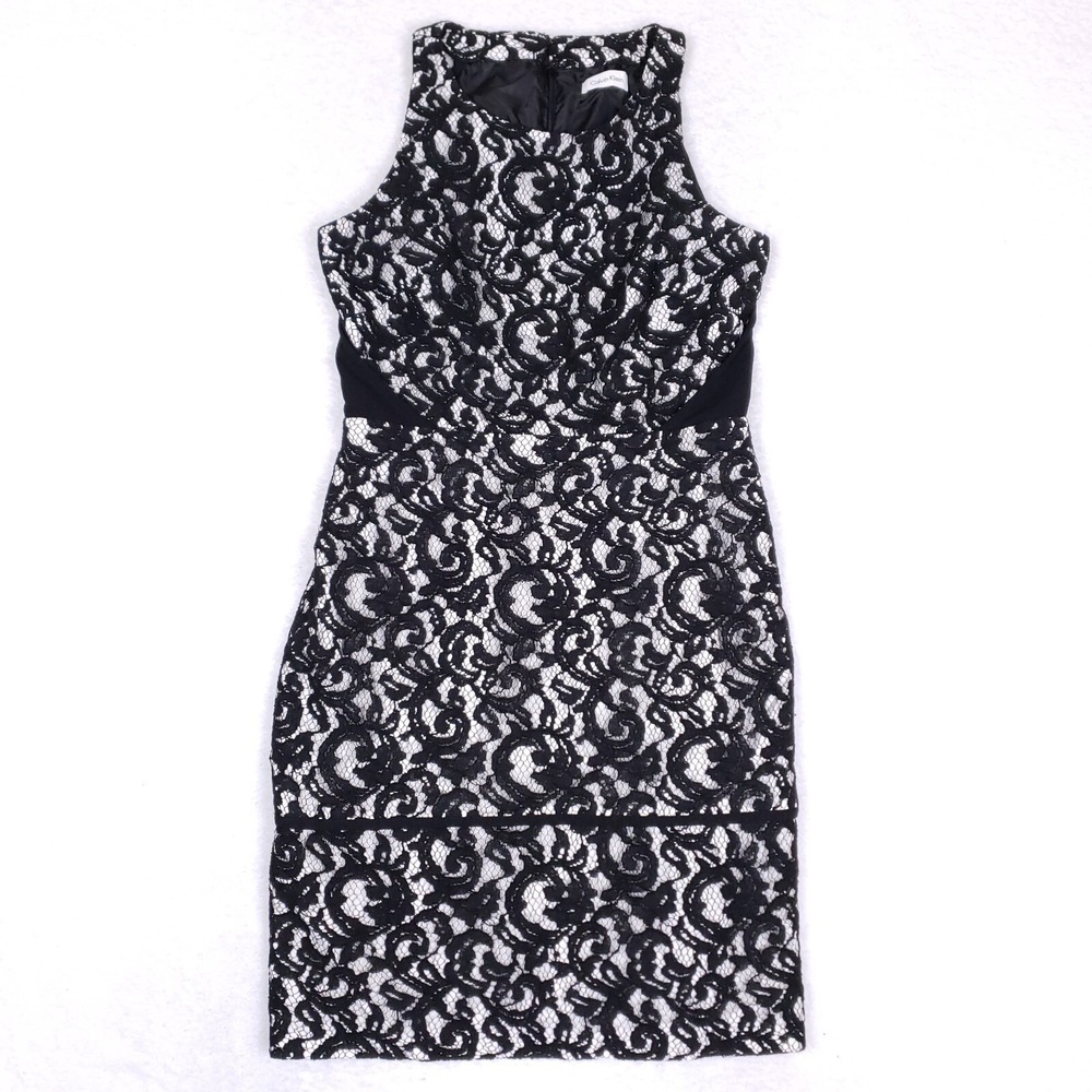 Calvin Klein Black and White Lace Sheath Dress - Sleeveless High Neck